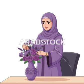 الاهتما بزينة المنزل، رسم توضيجي لامرأة عربية خليجية سعودية محجبة تضع باقة ورد في مزهرية، رسم توضيحي كرتوني