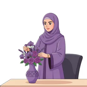 الاهتما بزينة المنزل، رسم توضيجي لامرأة عربية خليجية سعودية محجبة تضع باقة ورد في مزهرية، رسم توضيحي كرتوني