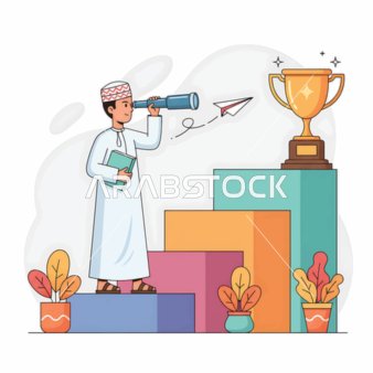 Looking towards the future, an Arab Gulf Omani man dressed in traditional attire is looking through a telescope as he climbs steps towards a golden cup, vision and progress towards success.