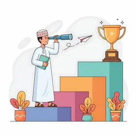 التطلع نحو المستقبل، رجل عربي خليجي عماني يرتدي الزي التقليدي ينظر عبر تلسكوب وهو يصعد درجات نحو كأس ذهبي، الرؤية والتقدم نحو النجاح.