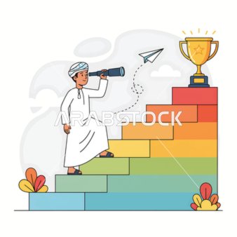التطلع نحو المستقبل، رجل عربي خليجي عماني يرتدي الزي التقليدي ينظر عبر تلسكوب وهو يصعد درجات نحو كأس ذهبي، الرؤية والتقدم نحو النجاح.