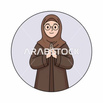 An illustration of a young Saudi Gulf Arab woman wearing a hijab and an abaya, showcasing elegance and attention to appearance, with a circular white background.