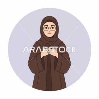 An illustration of a young Saudi Gulf Arab woman wearing a hijab and an abaya, showcasing elegance and attention to appearance, with a circular white background.