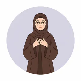 An illustration of a young Saudi Gulf Arab woman wearing a hijab and an abaya, showcasing elegance and attention to appearance, with a circular white background.