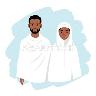 اداء العبادات والتقرب إلى الله تعالى، زوجان مسلمان عربيان خليجيان سعوديان يرتديان ملابس الإحرام لأداء فريضة ومناسك الحج و العمرة