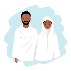 Performing acts of worship and drawing closer to Allah Almighty, a Muslim Arab couple from the Gulf, Saudi nationals, wearing ihram clothing to perform the obligatory rituals of Hajj and Umrah.