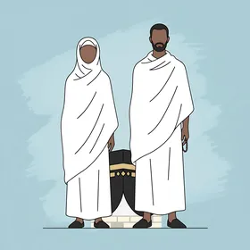 Performing acts of worship and drawing closer to Allah Almighty, a Muslim Arab couple from the Gulf, Saudi nationals, wearing ihram clothing to perform the obligatory rituals of Hajj and Umrah.