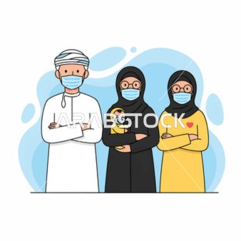 Standing with crossed arms, an illustration of an Omani Gulf Arab family wearing masks, health awareness in difficult times, commitment to safety and prevention measures.
