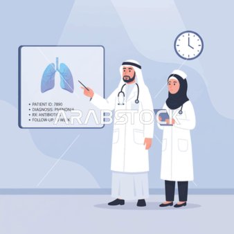 رسم توضيحي لطبيب عربي خليجي اماراتي يرتدي الزي التقليدي يقوم بمناقشة طبيبة، تشخيص المريض ووضع خطة العلاج لالتهاب الرئة.