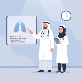 رسم توضيحي لطبيب عربي خليجي اماراتي يرتدي الزي التقليدي يقوم بمناقشة طبيبة، تشخيص المريض ووضع خطة العلاج لالتهاب الرئة.