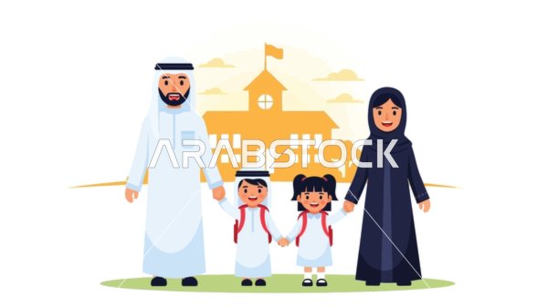 Preparation for the start of the new school year, back to school, a vector illustration of a UAE woman in a hijab sharing happy moments with her husband and children, vector illustrator.