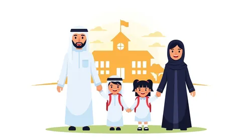 Preparation for the start of the new school year, back to school, a vector illustration of a UAE woman in a hijab sharing happy moments with her husband and children, vector illustrator. Preparation for the start of the new school year, back to school, a vector illustration of a UAE woman in a hijab sharing happy moments with her husband and children, vector illustrator.