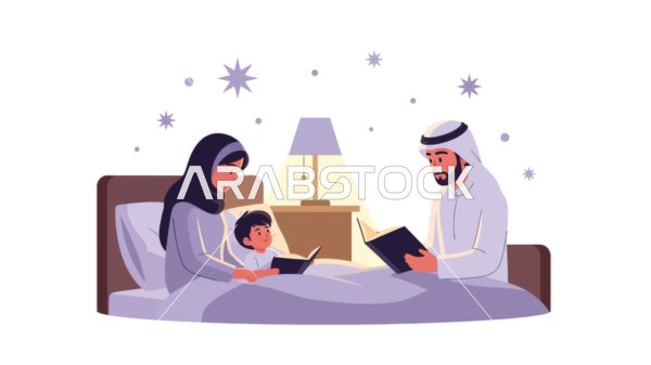 The concept of warmth and tenderness, a vector illustration of an Arab Gulf Emirati family sharing happy stories and tales with their son, vector illustrator.