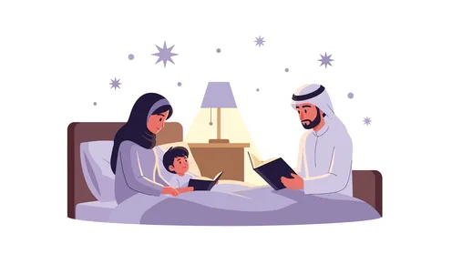The concept of warmth and tenderness, a vector illustration of an Arab Gulf Emirati family sharing happy stories and tales with their son, vector illustrator.