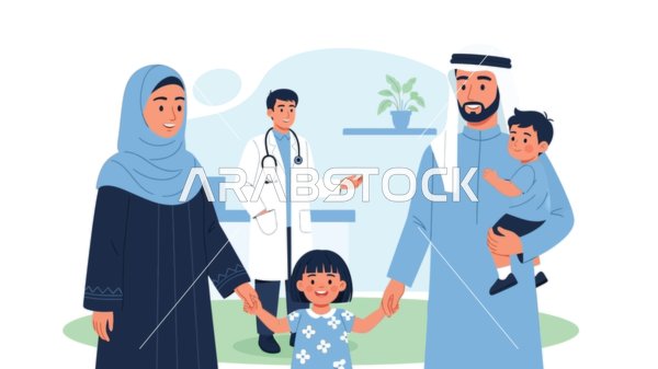 ضروررة الذهاب الى الطبيب  ، فيكتور رسم توضيحي لعائله عربيه خليجيه اماراتيه تشارك ابنائها اوقات الالم ، فيكتور اليستريتور