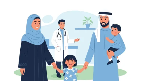 The necessity of going to the doctor, a vector illustration of an Emirati Gulf Arab family sharing their children's times of pain, vector illustrator.