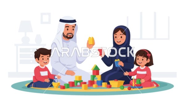 The concept of affection and intimacy, a vector illustration of an Emirati Gulf Arab family enjoying happy recreational times with their children, vector illustrator.