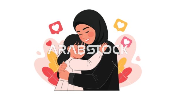 مفهوم حب الوالدين ، فيكتور رسم توضيحي لامراه عربيه خليجيه سعوديه تعانق ابنتها بايماءات الود والمحبه ، فيكتور اليستريتور