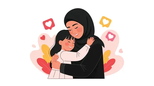 مفهوم حب الوالدين ، فيكتور رسم توضيحي لامراه عربيه خليجيه سعوديه تعانق ابنتها بايماءات الود والمحبه ، فيكتور اليستريتور