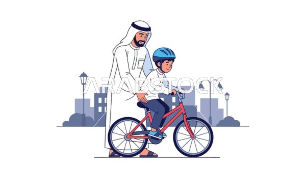 اللعب بالدراجه ، وسيلة نقل للذهاب الى المدرسة ، فيكتور رسم توضيحي لرجل عربي خليجي اماراتي يرتدي الكندورة والغترة يشارك ابنه اوقات ترفيهيه سعيده ، فيكتور اليستريتور