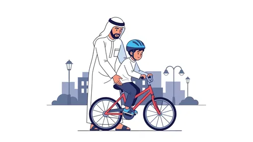 اللعب بالدراجه ، وسيلة نقل للذهاب الى المدرسة ، فيكتور رسم توضيحي لرجل عربي خليجي اماراتي يرتدي الكندورة والغترة يشارك ابنه اوقات ترفيهيه سعيده ، فيكتور اليستريتور