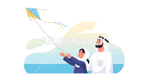 الترابط العائلي والمرح في الهواء الطلق تحت سماء صافية ، فيكتور رسم توضيحي لرجل عربي خليجي اماراتي يرتدي الكندورة والغترة يطير طائرة ورقية ملونة مع ابنه ، البحر الأزرق الهادئ، الحب والالفة بين أفراد العائلة, خلفية بيضاء، فيكتور اليستريتور