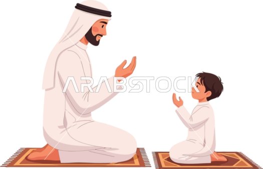 Family bonding, the relationship between father and son, Islamic teachings and worship, a vector illustration of an Emirati Gulf Arab man wearing a kandura and ghutrah teaching his son the prayer duties, white background, vector illustrator.