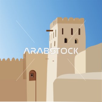 Heritage buildings, castles, and forts in the Kingdom of Saudi Arabia, ancient historical houses, illustrations and designs of archaeological buildings in the village of Rijal Almaa in the city of Asir, vector illustrator.