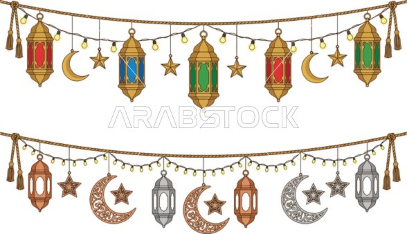 Illustrations of a collection of hanging Ramadan lanterns with stars and crescent in colors, a traditional lamp in Islamic style, icons and ready-made templates, spiritual Ramadan atmosphere, white background, vector illustrator.