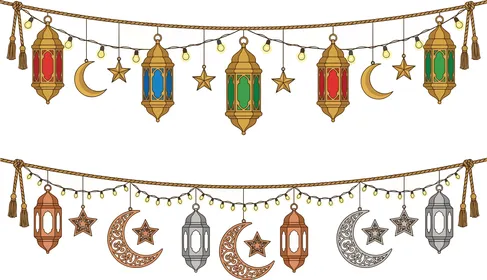 Illustrations of a collection of hanging Ramadan lanterns with stars and crescent in colors, a traditional lamp in Islamic style, icons and ready-made templates, spiritual Ramadan atmosphere, white background, vector illustrator.