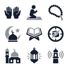 Islamic art and decorations, distinctive religious designs and icons, Islamic religious phrases, the Holy Quran, the concept of worship and drawing closer to God, vector illustrator.