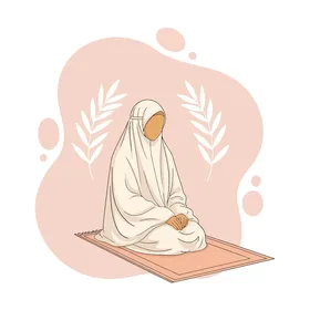 المناجاة والتوسل إلى الله, أداء العبادات والفرائض, التقرب إلى الله تعالى بالدعاء والمناجاة, رسم توضيحي لإمرأة عربية خليجية سعودية محجبة ترفع يديها بتضرع, خلفية بيضاء, فيكتور اليستريتور