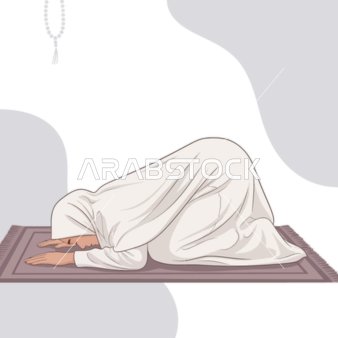 المناجاة والتوسل إلى الله, أداء العبادات والفرائض, التقرب إلى الله تعالى بالدعاء والمناجاة, رسم توضيحي لإمرأة عربية خليجية سعودية محجبة ترفع يديها بتضرع, خلفية بيضاء, فيكتور اليستريتور