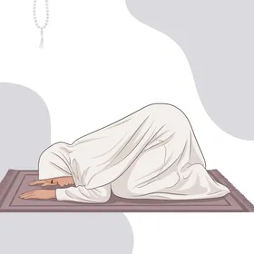 المناجاة والتوسل إلى الله, أداء العبادات والفرائض, التقرب إلى الله تعالى بالدعاء والمناجاة, رسم توضيحي لإمرأة عربية خليجية سعودية محجبة ترفع يديها بتضرع, خلفية بيضاء, فيكتور اليستريتور