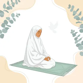 Supplication and seeking intercession from God, performing acts of worship and obligations, drawing closer to God Almighty through prayer and supplication, an illustration of a Saudi Arabian Gulf woman in a hijab raising her hands in supplication, white background, vector illustration.