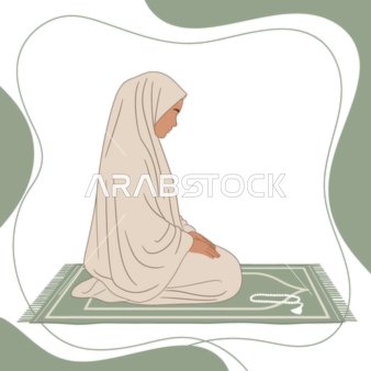 أداء العبادات والفرائض, المناجاة والتوسل إلى الله, التقرب إلى الله تعالى بالدعاء والمناجاة, رسم توضيحي لإمرأة عربية خليجية سعودية محجبة ترفع يديها بتضرع, خلفية بيضاء, فيكتور اليستريتور