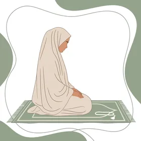 أداء العبادات والفرائض, المناجاة والتوسل إلى الله, التقرب إلى الله تعالى بالدعاء والمناجاة, رسم توضيحي لإمرأة عربية خليجية سعودية محجبة ترفع يديها بتضرع, خلفية بيضاء, فيكتور اليستريتور