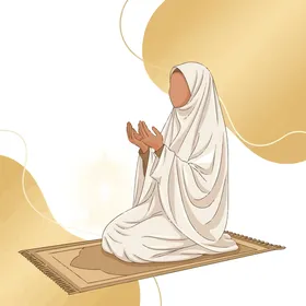 أداء العبادات والفرائض, المناجاة والتوسل إلى الله, التقرب إلى الله تعالى بالدعاء والمناجاة, رسم توضيحي لإمرأة عربية خليجية سعودية محجبة ترفع يديها بتضرع, خلفية بيضاء, فيكتور اليستريتور