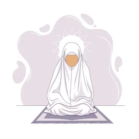 أداء العبادات والفرائض, المناجاة والتوسل إلى الله, التقرب إلى الله تعالى بالدعاء والمناجاة, رسم توضيحي لإمرأة عربية خليجية سعودية محجبة ترفع يديها بتضرع, خلفية بيضاء, فيكتور اليستريتور