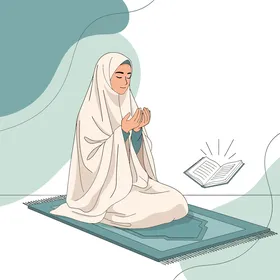 التقرب إلى الله تعالى بالدعاء والمناجاة, المناجاة والتوسل إلى الله, أداء العبادات والفرائض, رسم توضيحي لإمرأة عربية خليجية سعودية محجبة ترفع يديها بتضرع, خلفية بيضاء, فيكتور اليستريتور