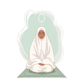 التقرب إلى الله تعالى بالدعاء والمناجاة, المناجاة والتوسل إلى الله, أداء العبادات والفرائض, رسم توضيحي لإمرأة عربية خليجية سعودية محجبة ترفع يديها بتضرع, خلفية بيضاء, فيكتور اليستريتور