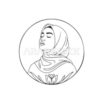 A simple circular logo, elegance and attention to appearance, the concept of modesty and decency, an Arab Gulf Saudi woman wearing an abaya and hijab with a lotus flower logo, looking with expressions of calmness, vector illustrator.
