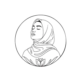 A simple circular logo, elegance and attention to appearance, the concept of modesty and decency, an Arab Gulf Saudi woman wearing an abaya and hijab with a lotus flower logo, looking with expressions of calmness, vector illustrator.