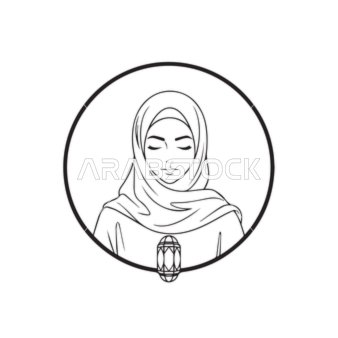 Symbol of faith and light, a simple circular logo, elegance and attention to appearance, the concept of modesty and decency, an Arab Gulf Saudi woman wearing an abaya and hijab holding a lantern, looking with expressions of calm, vector illustrator.