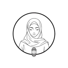Symbol of faith and light, a simple circular logo, elegance and attention to appearance, the concept of modesty and decency, an Arab Gulf Saudi woman wearing an abaya and hijab holding a lantern, looking with expressions of calm, vector illustrator.