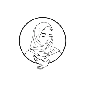 Symbol of peace and freedom, a simple circular logo, elegance and attention to appearance, the concept of modesty and chastity, an Arab Gulf Saudi woman wearing an abaya and hijab with a dove looking with expressions of calm, vector illustrator.