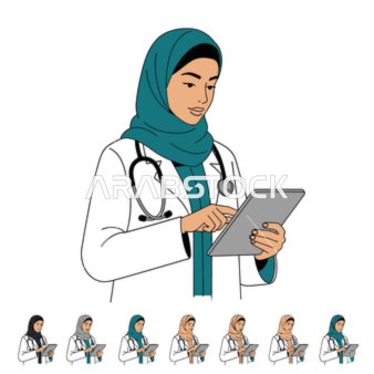 فيكتور كرتوني لشخصيات ، طبيبة عربية خليجية سعودية ترتدي العباءه والحجاب والمعطف الطبي تعمل على الجهاز اللوحي ، تقديم الرعاية الطبية عن بعد ، فيكتور اليستريتور.