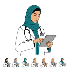 فيكتور كرتوني لشخصيات ، طبيبة عربية خليجية سعودية ترتدي العباءه والحجاب والمعطف الطبي تعمل على الجهاز اللوحي ، تقديم الرعاية الطبية عن بعد ، فيكتور اليستريتور.