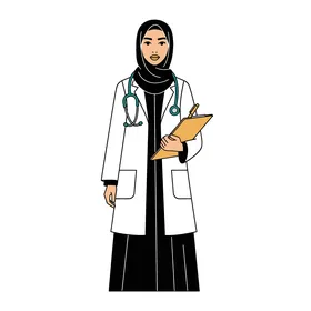 Cartoon vector of characters, an Arab Gulf Saudi female doctor wearing an abaya, hijab, and medical coat providing a medical examination and consultation, offering medical care, vector illustrator.