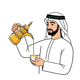 Drinking hot beverages, a vector illustration of an Arab Gulf Emirati man wearing a kandura and ghutrah pouring coffee from a dallah into a small cup, vector illustrator.